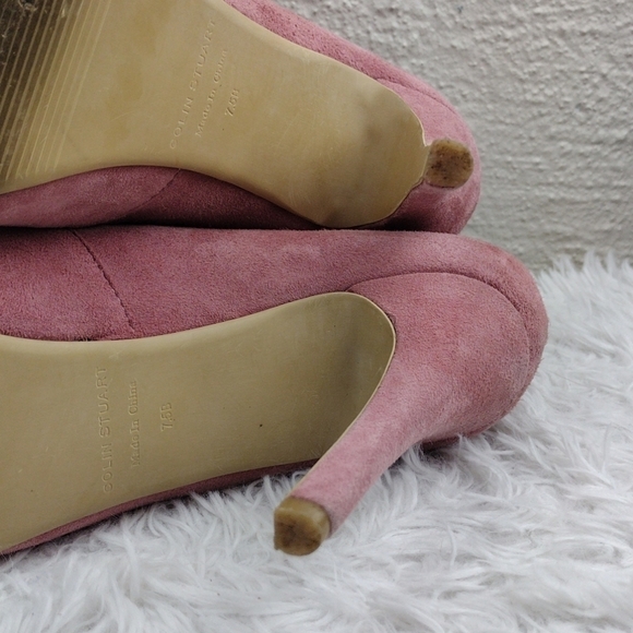 Colin Stuart Pink Suede Brass Buckled Upper Almond Toe Stiletto Heel Bootie - Picture 10 of 16